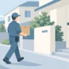 無地の荷物を持って住宅へ向かう配達員の様子