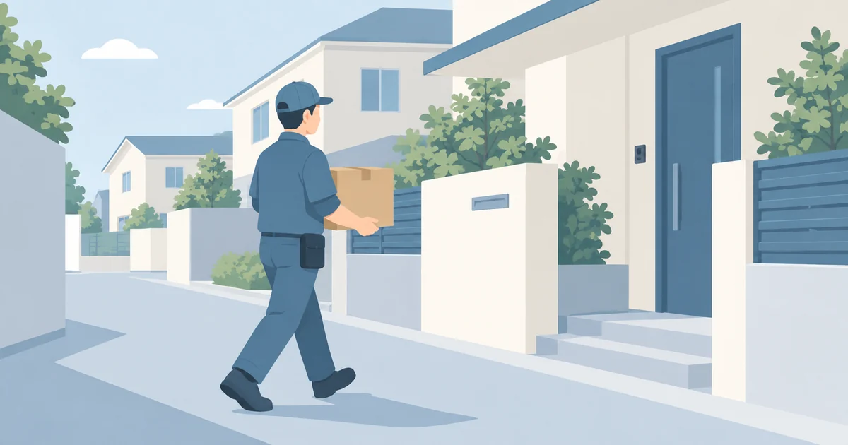 無地の荷物を持って住宅へ向かう配達員の様子