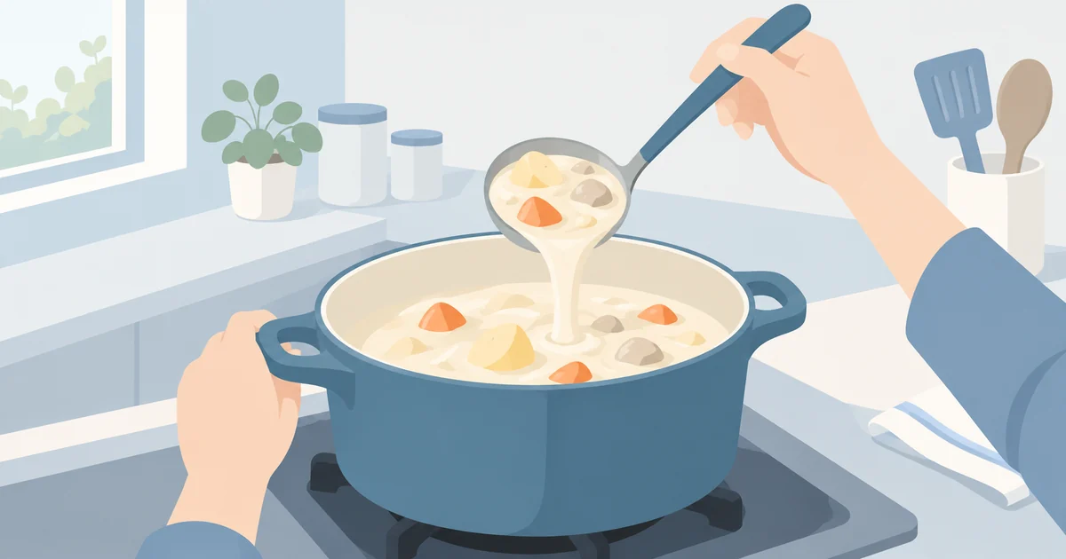 お玉ですくったクリームシチューのとろみを確かめる様子