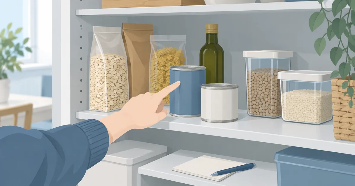 食品庫にある乾物や缶詰と、収納の空きを確認する様子