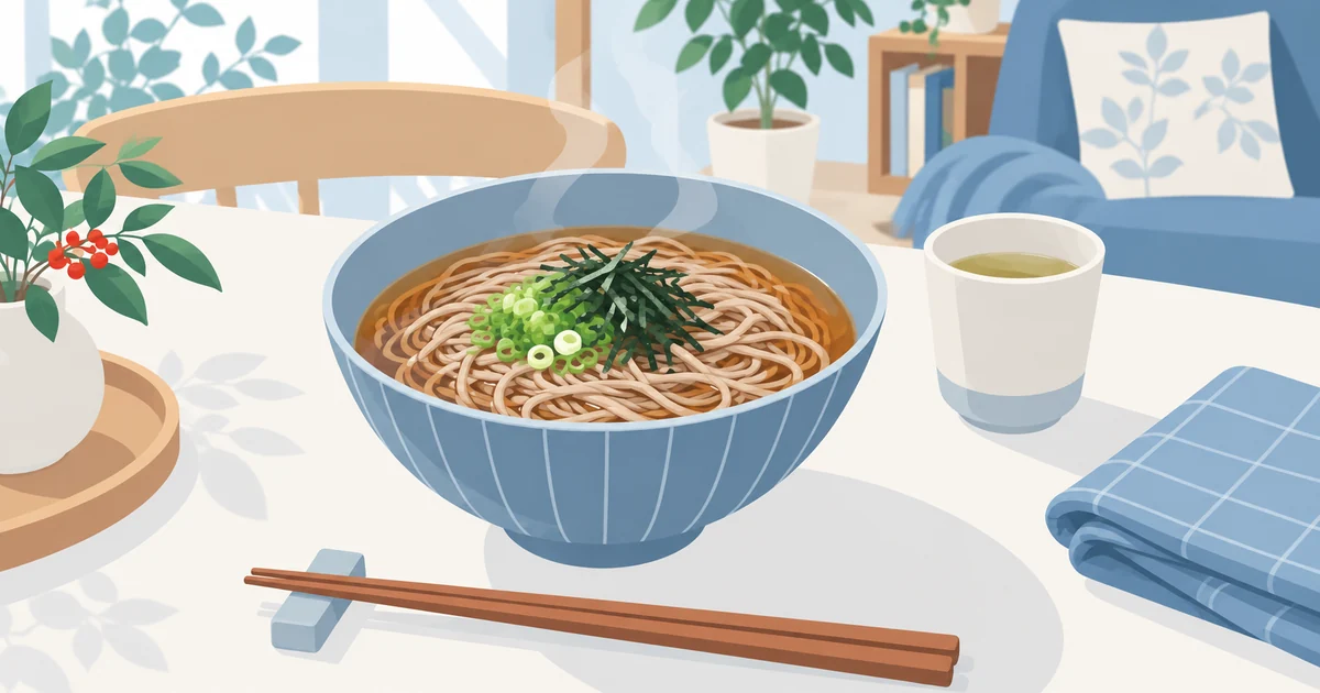 青い器に盛り付けた温かいそば