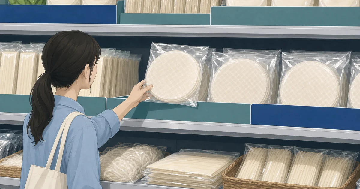 スーパーの売り場で丸いライスペーパーの袋を探す様子