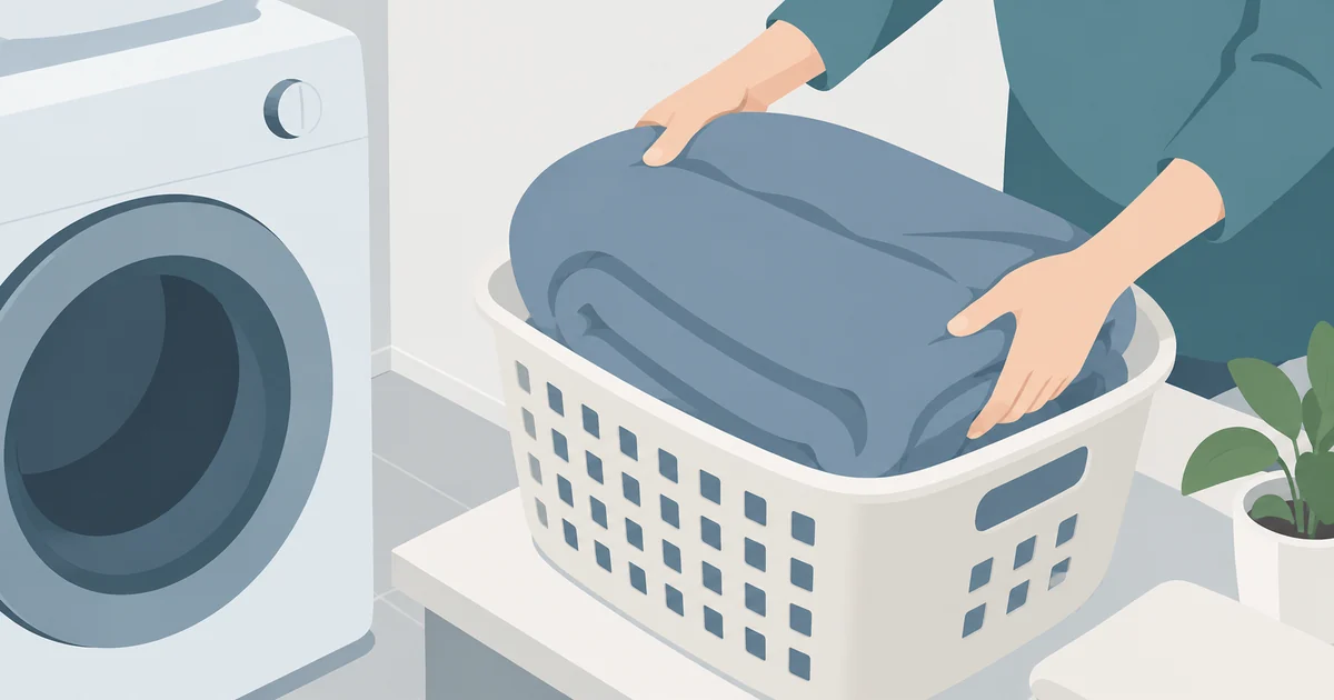 洗濯前の毛布をかごに入れて準備する手元
