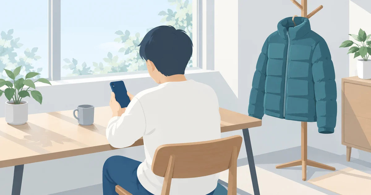 ダウンジャケットのそばでスマートフォンを確認する人のイメージ