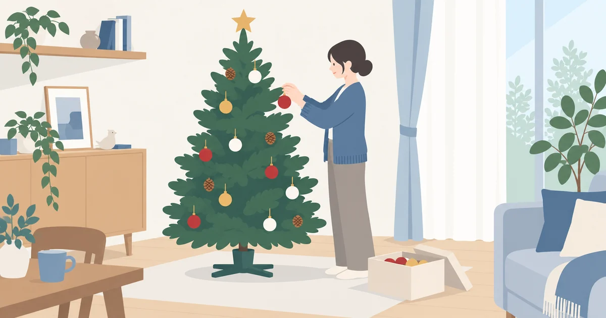 室内でクリスマスツリーにオーナメントを飾る様子