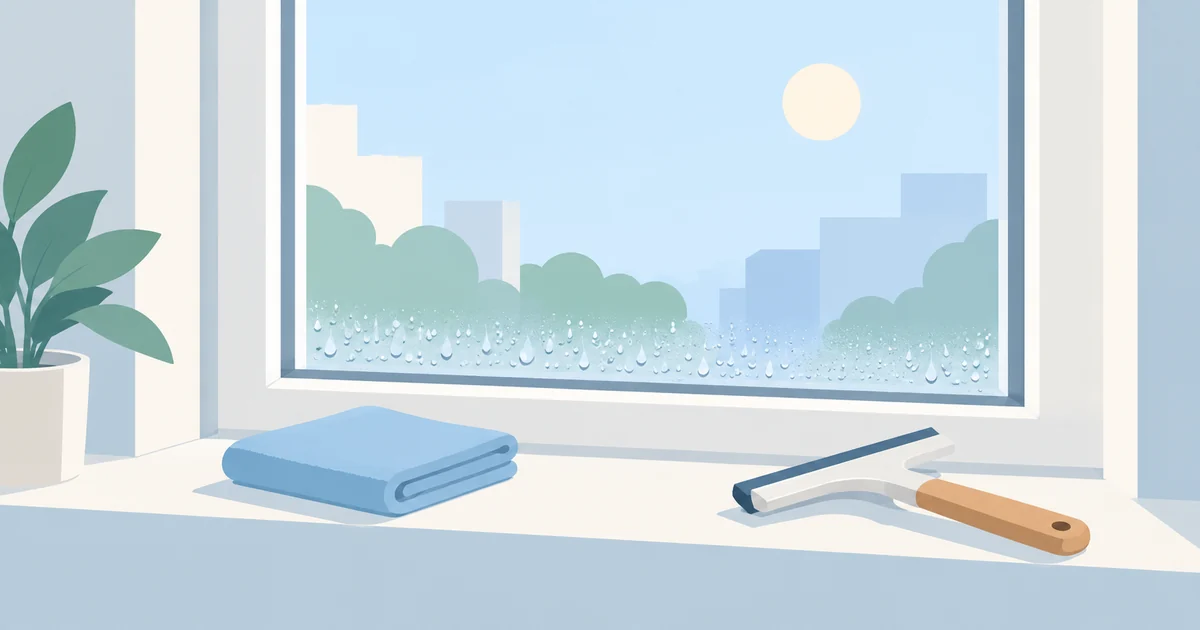朝の窓に出た結露と、拭き取り用の布やワイパーがある暮らしの風景