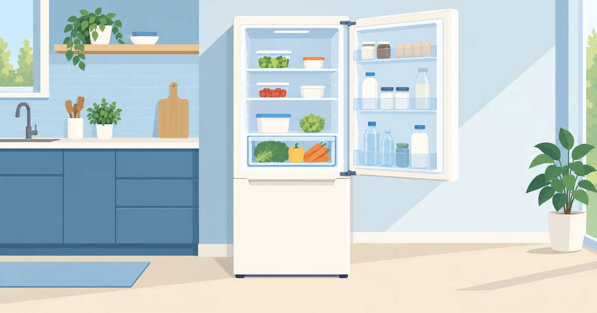 正面から見て右側にヒンジがあり、右へ扉を開いた冷蔵庫と左側の調理台