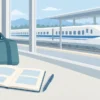 駅の窓越しに見える白青の高速列車と、手前に置いた旅行鞄と文字のない旅程メモ