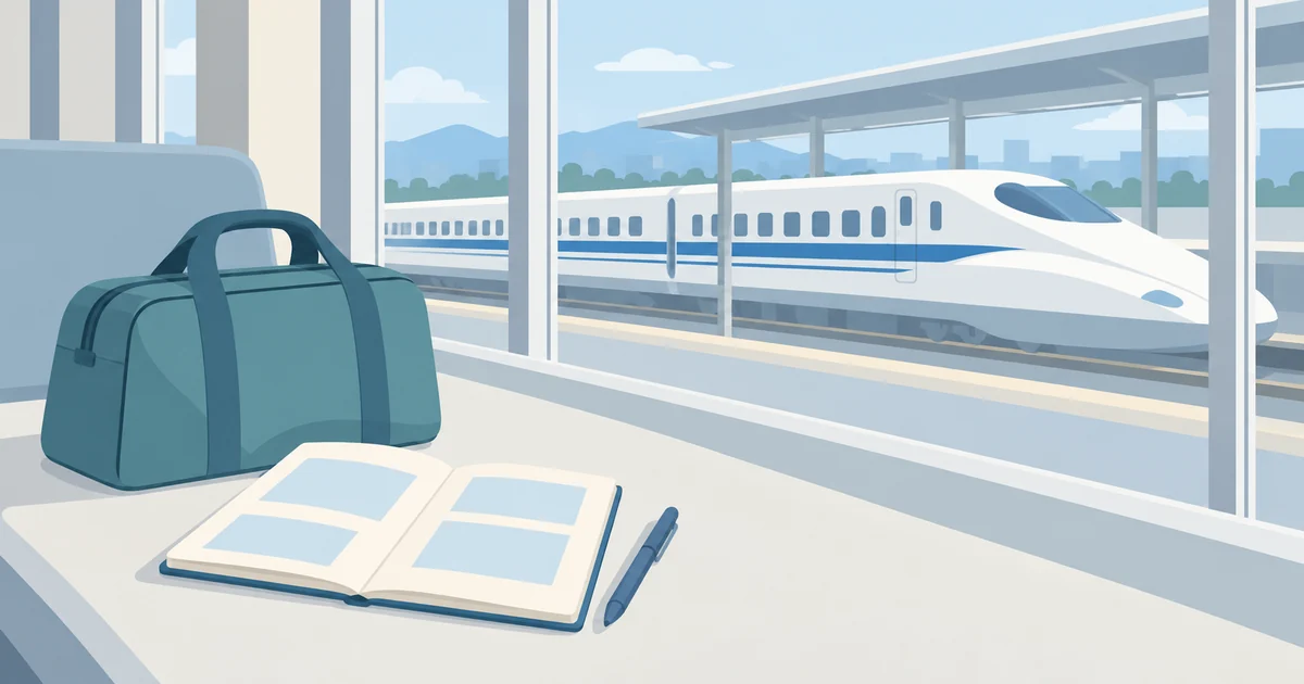 駅の窓越しに見える白青の高速列車と、手前に置いた旅行鞄と文字のない旅程メモ