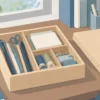 おせちの木箱に文具や手芸小物をまとめた収納例