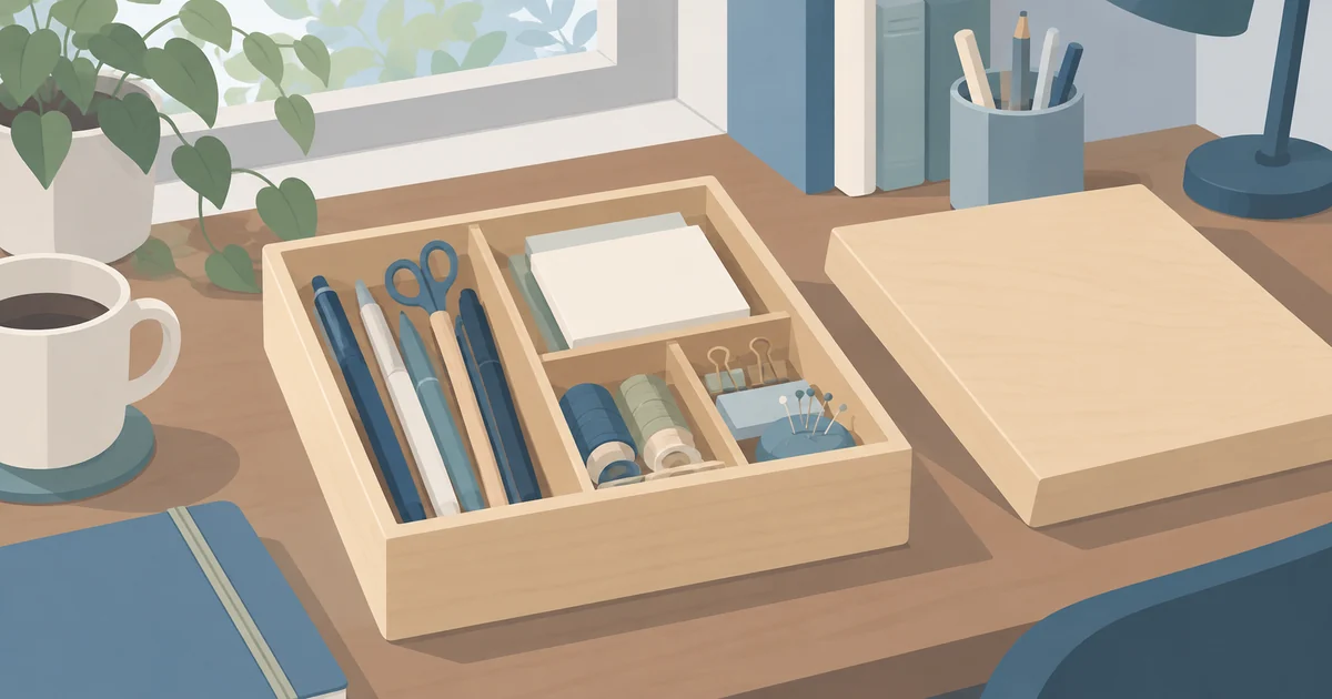 おせちの木箱に文具や手芸小物をまとめた収納例