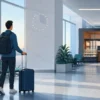 早朝の空港ターミナルでカフェを探す旅行者のイメージイラスト