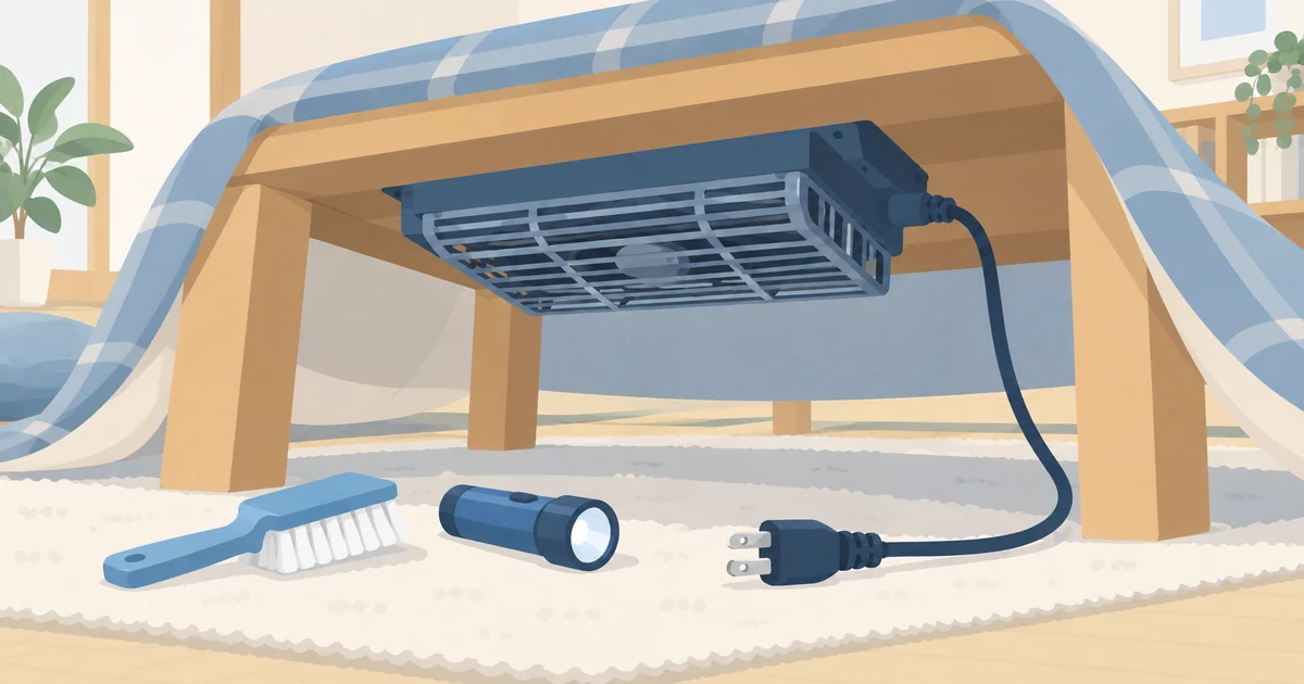 電源プラグを抜き、こたつヒーターの保護網とコードを道具とともに点検する様子