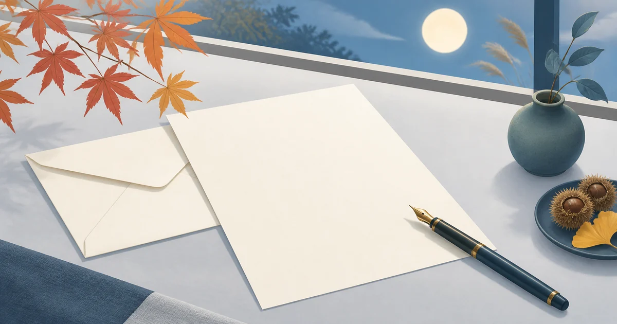 秋の月と紅葉を眺めながら手紙を書くイメージイラスト