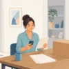 引っ越すママ友へのメッセージを案内書類とスマートフォンで確認する女性のイメージイラスト