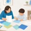 転園する子へのメッセージカードを一緒に作る親子のイメージイラスト