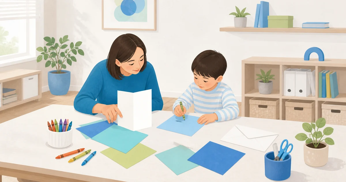 転園する子へのメッセージカードを一緒に作る親子のイメージイラスト