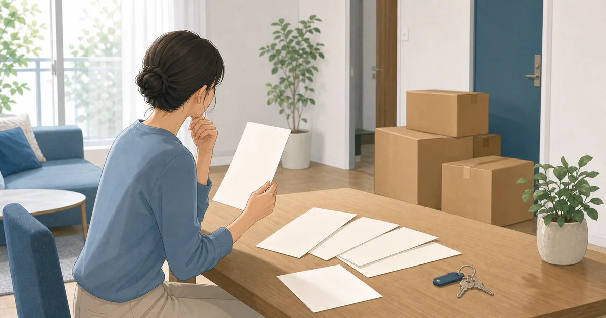 一人暮らしをやめて実家に帰るか、書類と引っ越し箱を前に考える様子