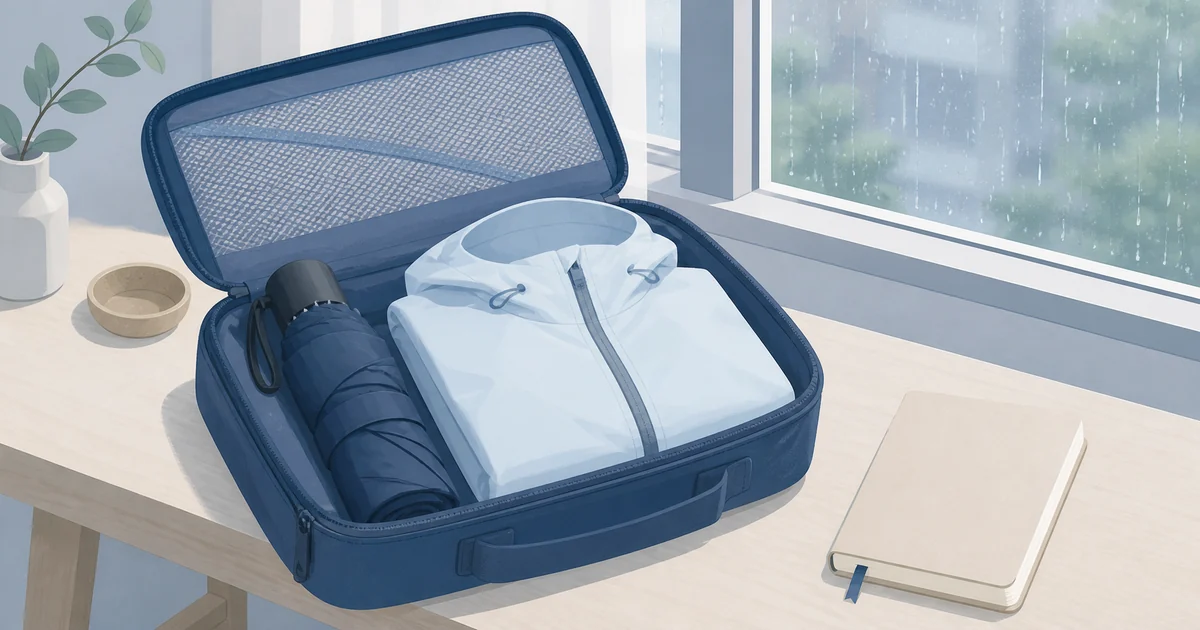 旅行バッグに折りたたみ傘とレインウェアを準備したイメージイラスト